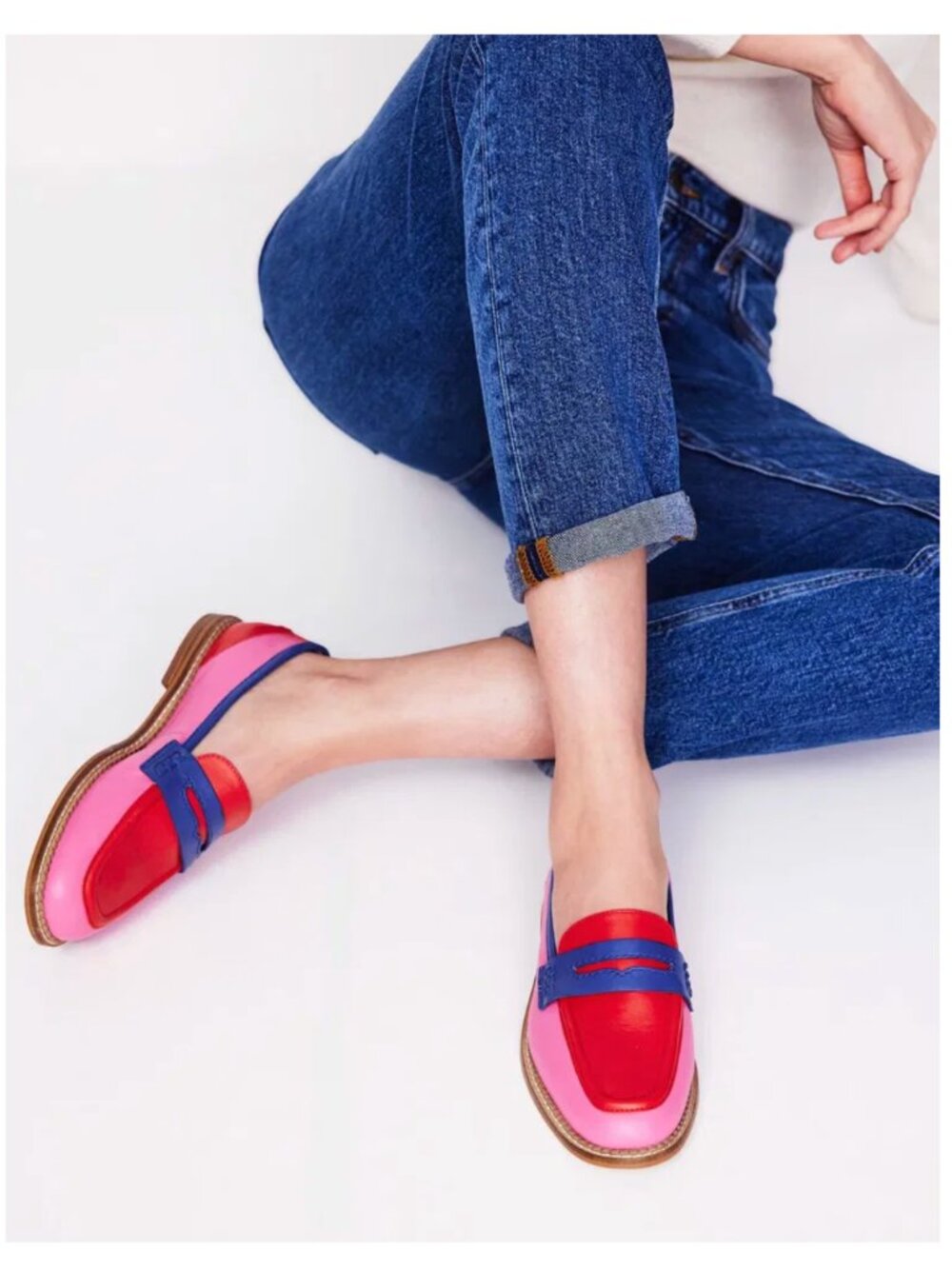 BODEN Nya Red Pink & Blue Leather Colorblock Penny Loafers Shoes Women's Size 7